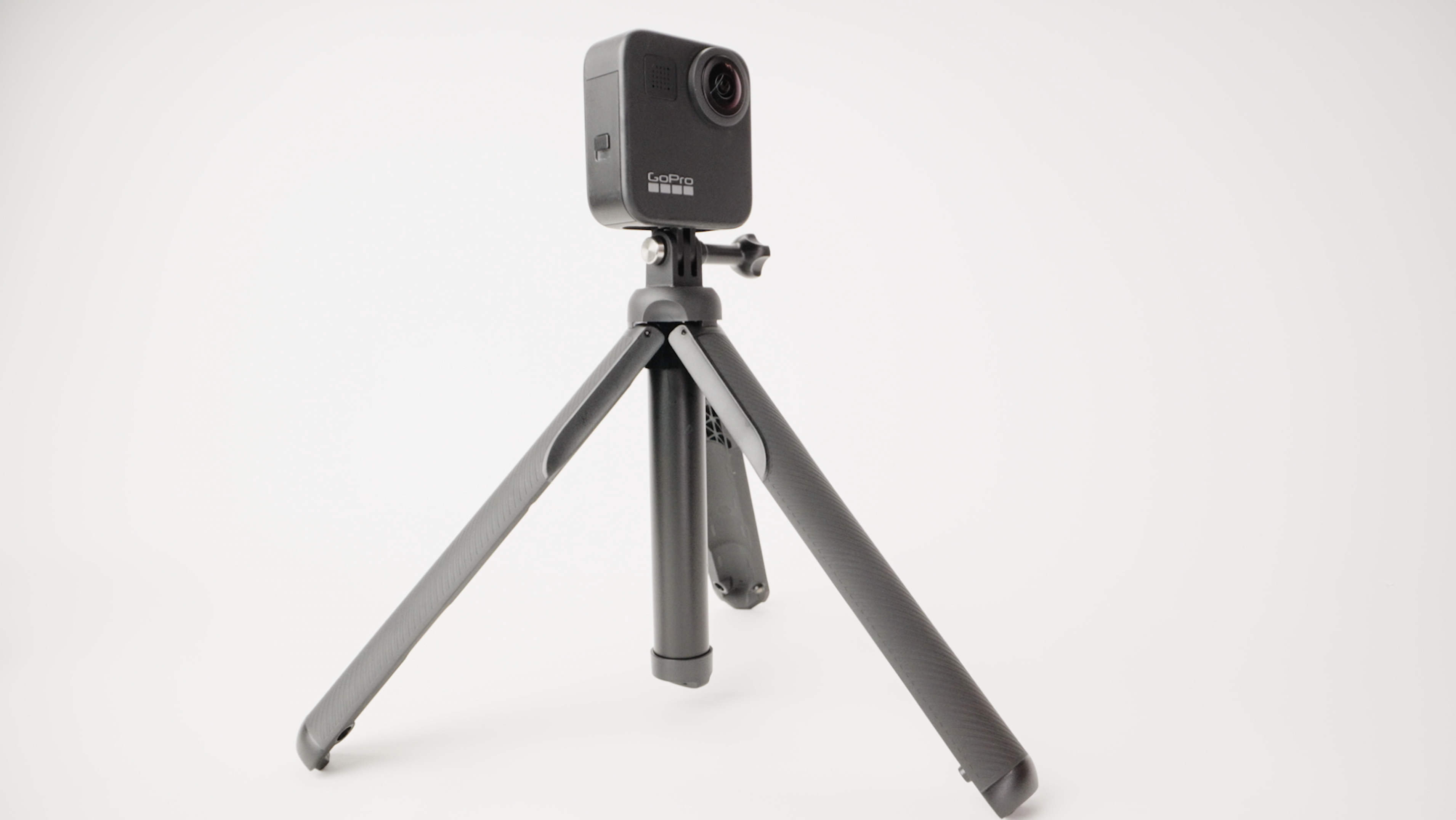 GoPro Max Grip + tripod fully extended supporting the GoPro Max 360 camera