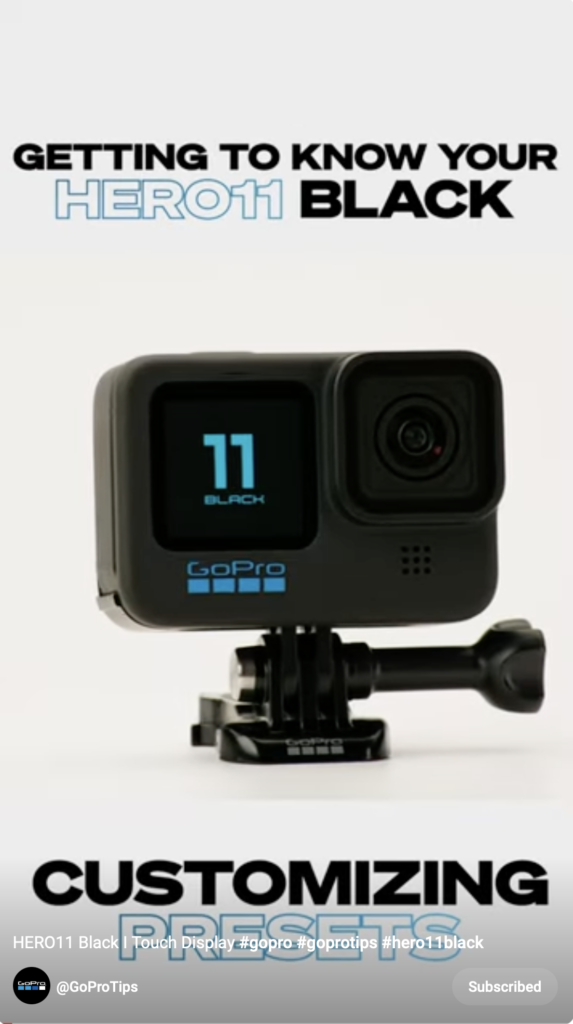 GoPro Hero 11 touch display YouTube short showing the camera, titles and YouTube overlay 