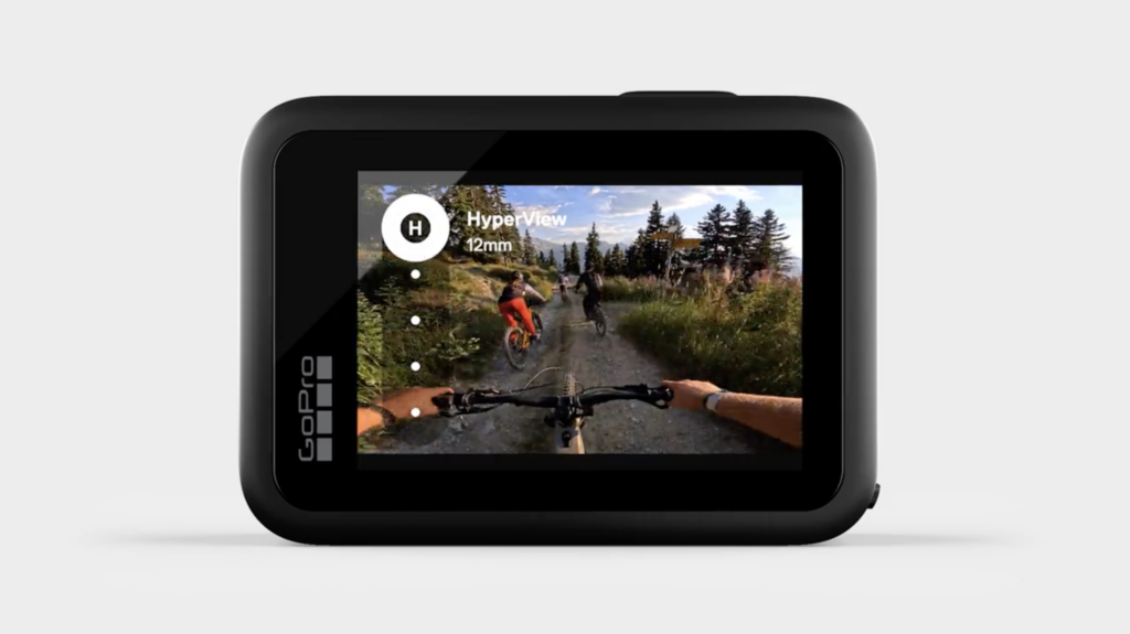 the back screen of a GoPro Hero11 black with a mountain biker POV animation graphic showing hyperView selected as an option