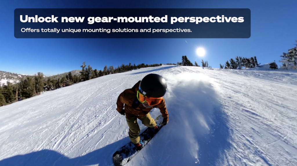 Jason Cayabyab snowboards with GoPro Boom mount accessory Blue skies Carving down the mountain with text on screen Unlock new gear-mounted perspectives Offers totally unique mounting solutions and perspectives 