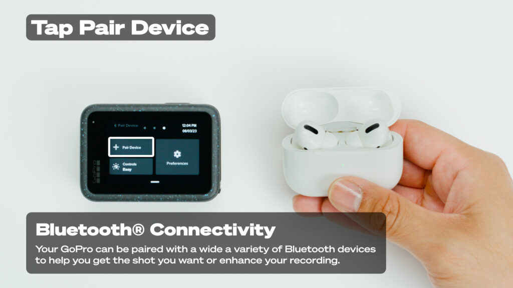 GoPro Hero 12 Black showing bluetooth connectivity with Apple Air Pods and air pods pro Tap to pair device