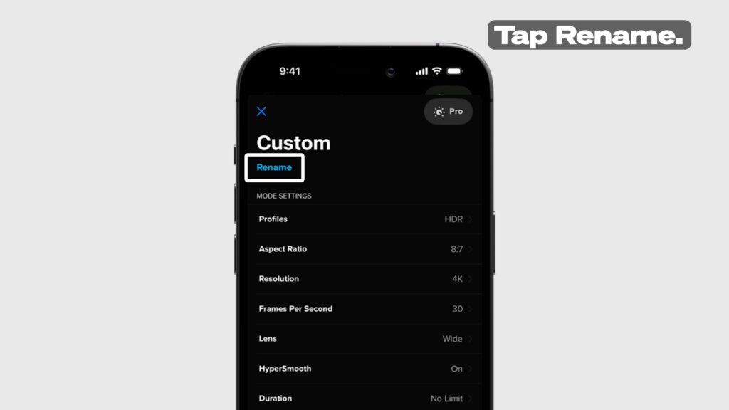 white rectangle callout box showcasing how to rename custom presets for the GoPro Hero12 Black