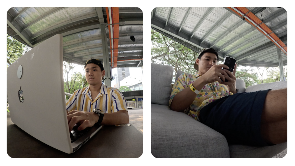 split screen view of Ron NG editing his GoPro video on desktop then seamlessly transitioning to editing the same video on his mobile device