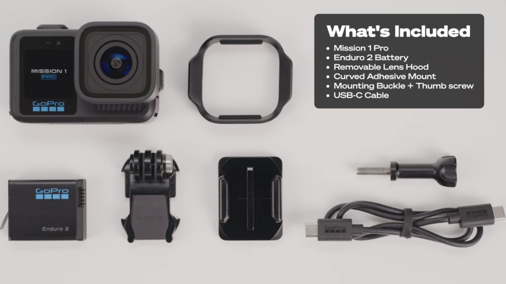 GoPro Mission 1 Pro scenes from the tutorial video showcasing how to get up and running with your new GoPro. Whats included in the box, Inserting the battery, Removing the lens and rear screen display information
